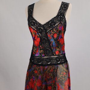 ❄ Vtg Victoria's Secret Red Black Floral Lace Chiffon Nightgown Negligee Dress S